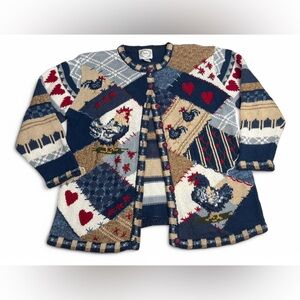Stitches in Time Blue Red 1X 55%Ramie 45% Cotton Rooster Heart Grandma Cardigan